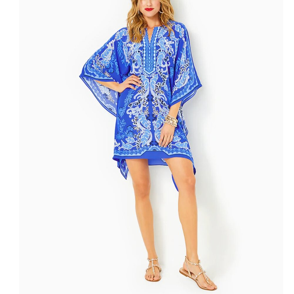 Lilly Pulitzer Cinzia Silk Caftan Alba Blue Baja Cove S/M